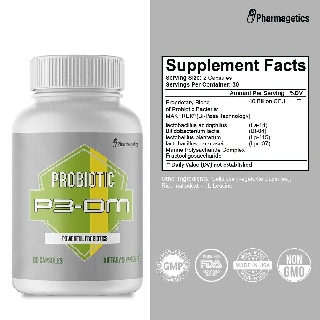 P3-OM Probiotic Supplement by Pharmagetics - 2 Bottles - 120 capsules